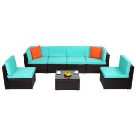 2pcs Middle Sofa Brown Gradient Rattan Lake Blue Cushion Sponge Sandwich Woven Rattan Multi Piece Set