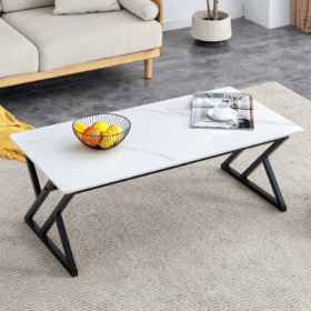 A Coffee Table Made Of Rock Slab Material, With A Smooth And Natural Surface That Complements The Modern Design Of The Black Metal Legs, Making It Sui
