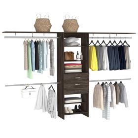 Zamora Closet System, Four Hanging Rods, Three Drawers, Five Shelves