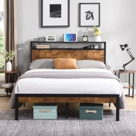 King Size Metal Platform Bed Frame with Wooden Headboard and Footboard with USB LINER, No Box Spring Needed, Large Under Bed Storage, Easy Assemb