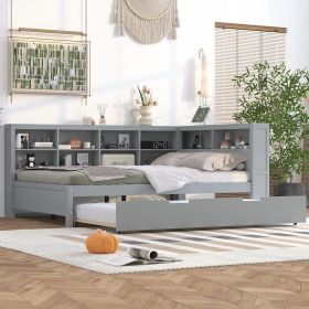 Wooden Full Size DayBed with Twin Size Trundle, DayBed with Storage Shelf and USB Charging Ports,Grey