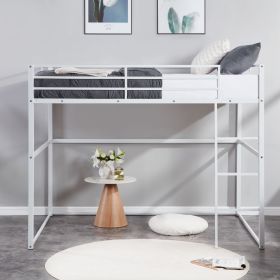 Metal Loft Bed Twin Size, Loft Bed Frame with Safety Guard Rails & Flat Ladder, Twin Loft Bed for Kids Teens Adults, White