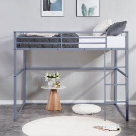 Metal Loft Bed Twin Size, Loft Bed Frame with Safety Guard Rails & Flat Ladder, Twin Loft Bed for Kids Teens Adults, Gray