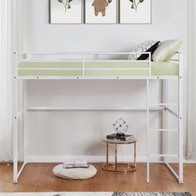 Metal Loft Bed Full Size, Loft Bed Frame with Safety Guard Rails & Flat Ladder, Twin Loft Bed for Kids Teens Adults, White