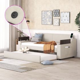 Twin Size Upholstery Daybed with Storage Arms, Trundle and USB Design, Beige(Old SKU:GX000547AAA)(Expected Arrival Time: 2.17)