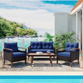 4-Piece Garden Furniture, Patio Seating Set, PE Rattan Outdoor Sofa Set, Wood Table And Legs, Brown And Blue