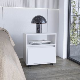 Wasilla Nightstand with Open Shelf, One Drawer and Casters (Color: White)