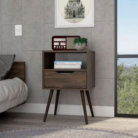 Emma Nightstand, Superior Top, Four Legs, One Open Shelf, One Drawer (Color: Dark Walnut)