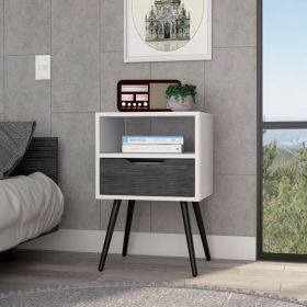 Emma Nightstand, Superior Top, Four Legs, One Open Shelf, One Drawer (Color: White / Smokey Oak)
