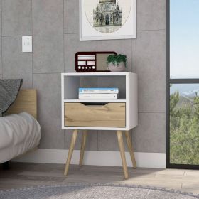 Emma Nightstand, Superior Top, Four Legs, One Open Shelf, One Drawer (Color: White / Light Oak)
