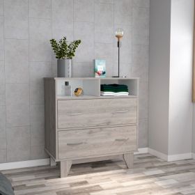 Stamford Two Drawer Dresser, Four Legs, Two Open Shelves, Superior Top (Color: Light Gray / White)