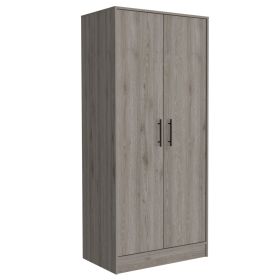 Darwin Armoire, Double Door Cabinets, Metal Rod, Metal Handle, Two Shelves, One Drawer (Color: Light Gray)