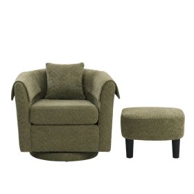 Swivel Accent Chair with Ottoman Set, Modern Chenille Barrel Armchair with Removable Back Pillow & 2 Armrest Covers for Living Room, Bedroom, Off (Main Material: Chenille, Main Color: Green)