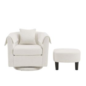 Swivel Accent Chair with Ottoman Set, Modern Chenille Barrel Armchair with Removable Back Pillow & 2 Armrest Covers for Living Room, Bedroom, Off (Main Material: Chenille, Main Color: White)
