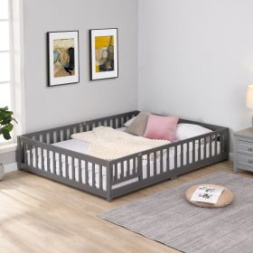 Full Size Floor Bed with Door, Solid Wood Platform Bed Frame with Fence, Suitable for children, Pine Wood (Color: gray)